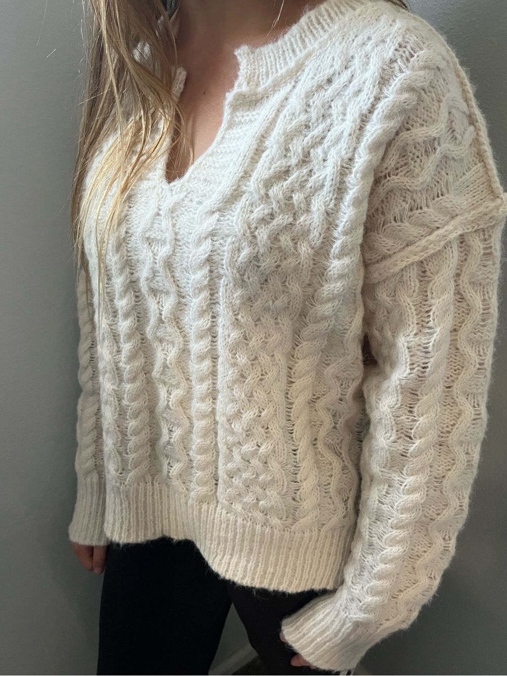 Cream Cable Knit Split Neck Sweater